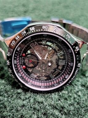 Winner Skeleton Chronograph Watch Silver & Black